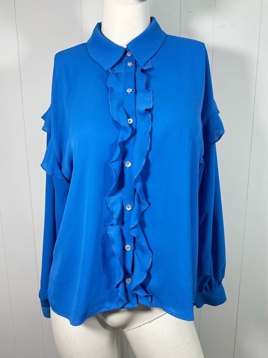 Zara Tops - Zara Women's Size M Blue Long Sleeve Ruffle Button Down Shirt Blouse Top